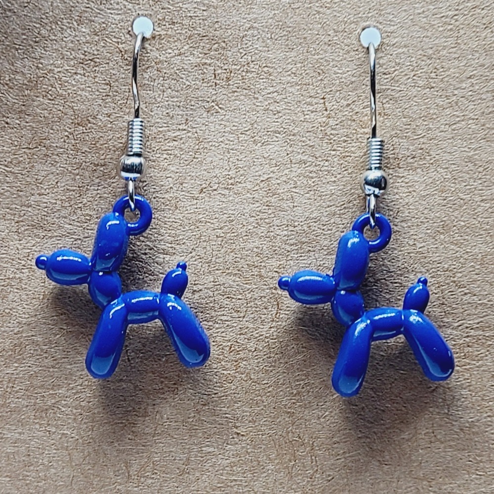 Handmade Dark Blue Balloon Dog Drop Earrings Glossy Animal Charm Pop Art Jewelry